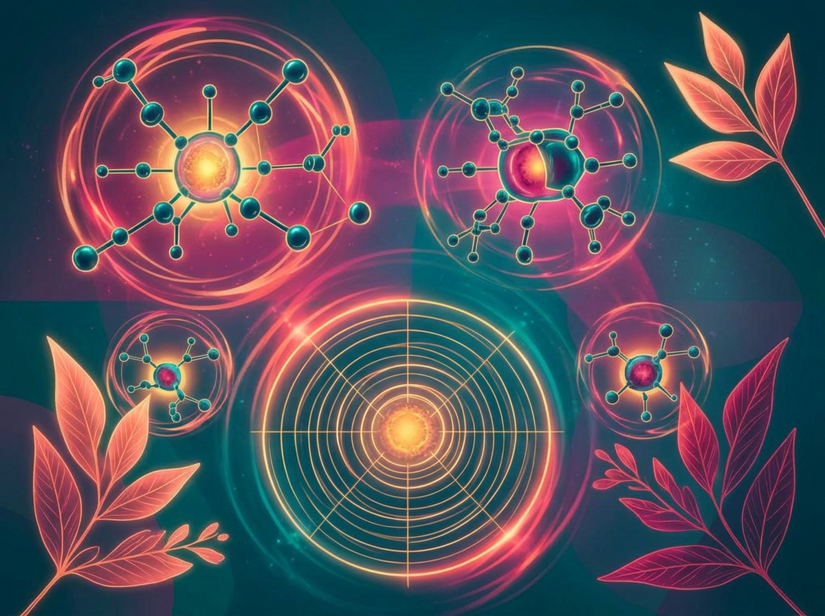 Scientific illustration of molecules, cell diagrams and a cycle rhythm chart